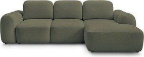 Zielony rozkładany narożnik z materiału bouclé ze schowkiem (prawostronny/z szezlongiem) Montaigne – Bobochic Paris