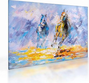 Obraz na szkle biegnących koni, obraz olejny (70x50 cm)