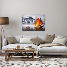 Obraz - Victoria Harbor, Hongkong, czarno-biały obraz olejny (70x50 cm)