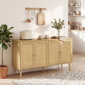 HOMCOM Rattanowa komoda z 4 drzwiami, boho bufet kuchenny z 2 regulowanymi półkami, naturalny wygląd drewna | Aosom PL