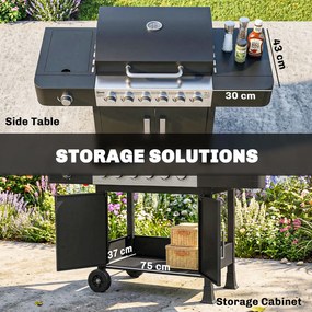 Outsunny Grill gazowy 17,8 kW 6+1 palników Wózek BBQ ze stali nierdzewnej z kółkami Palnik boczny Termometr Emaliowany ruszt | Aosom PL