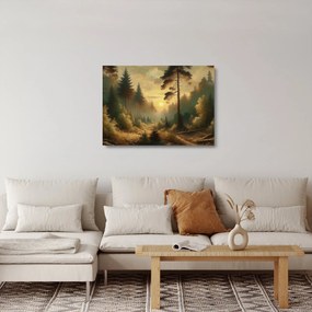 Obraz na szkle - Słońce świecące przez las (70x50 cm)