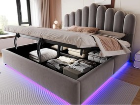 Łóżko skrzyniowe tapicerowane 180 × 200 cm - z oświetleniem LED - stelażem listwowym - tkaniną welurową - szary (materac nie w zestawie)