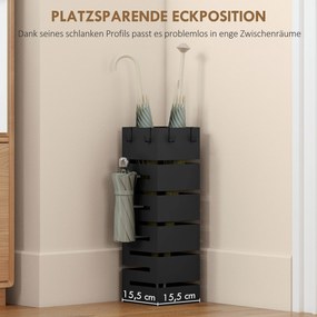 HOMCOM Stojak na parasole, metalowy stojak na parasole, wolnostojący stojak z haczykami i tacką ociekową, miejsce na 8 parasoli, czarny | Aosom PL