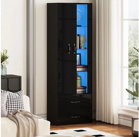 Witryna z drzwiami transparentnymi - 60 x 35 x 182,5 cm - z diodami LED + 2 drzwi + 2 szuflady - płyta wiórowa - kolor czarny