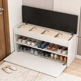 Biała szafka na buty z wyściełaną ławką i schowkiem – 100 x 49 x 35 cm