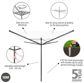 Antracytowa ogrodowa suszarka na pranie 50 m Lift-O-Matic – Brabantia
