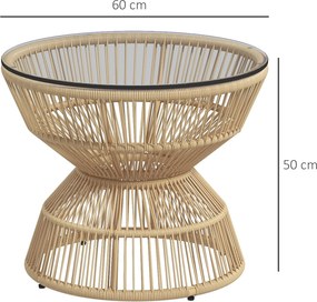 Outsunny Stolik boczny z rattanu Ø60 cm z hartowanym szklanym blatem Styl boho do ogrodu i balkonu Drewno naturalne | Aosom PL