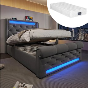 Łóżko tapicerowane ze schowkiem - 90 x 200 cm - z diodami LED - zagłówek ze schowkiem i USB - z materacem - aksamit - szary