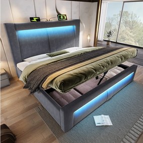 Łóżko podwójne ze schowkiem - 180 x 200 cm - z hydraulicznym stelażem + diody LED + port USB + zaokrąglony zagłówek - aksamitne - szare