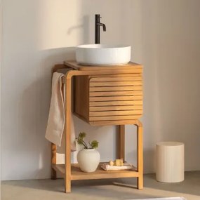 Zestaw Mebli Łazienkowych Z Drewna Tekowego Bradley Okrągły Ceramiczny Biały Ø40 Cm Lenka & Bezlusterkowiec & Czarny Matowy ↑30 Cm Z Zaworem Spustowym