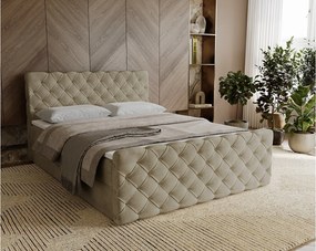 Emporius Portofino łóżko kontynentalne 140x200 - łóżko małżeńskie z nakładką na materac, materac H3 - tkanina aksamitna, beżowy (Elegance 5)