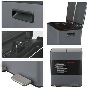 Ciemnoszary stalowy kosz na śmieci 2x20 l do segregacji odpadów/z pedałem Aliya – Spirella