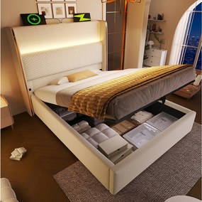 Łóżko dziecięce z pojemnikiem 90x200 cm z portem USB i LED, zagłówek wyściełany - len beżowy (bez materaca)