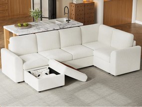 Narożnik z weluru w kształcie litery L - z podłokietnikami - z 1 przenośnym, wielofunkcyjnym podnóżkiem - Beżowy