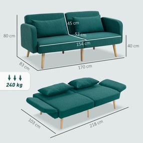 HOMCOM Sofa rozkładana, 3-osobowa sofa z funkcją spania, 2 poduszki, tapicerowana z regulowanym oparciem, wygląd lnu, Zielony