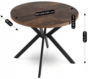 Stół Okrągły Rozkładany LUGO 90-190 cm Dąb Rustykalny/Czarny Loft