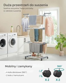 Suszarka na pranie ELTON z 4 poziomami na kółkach, 63,5x128x173cm,biały/szary SongmicsHome