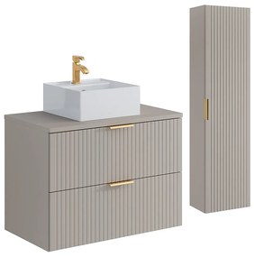 Wisząca szafka łazienkowa z prążkowaną fakturą, z kwadratową umywalką nablatową i słupkiem – kolor beżowy – 80 cm – ZEVARA