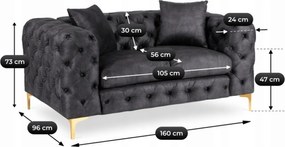 Sofa SORRENTO 2S Dwuosobowa Czarna Welurowa Nowoczesna Glamour