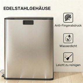 HOMCOM Kosz kuchenny 2 x 28L ze stali nierdzewnej, pedał, pokrywa soft-close, wyjmowane wkłady | Aosom PL