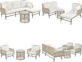 Zestaw mebli ogrodowych z żelaza i liny - 2 sofy, 2 fotele i 2 niskie stoliki gniazdujące - ze wszystkimi poduszkami - Beżowy