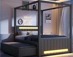 Pikowane łóżko podwójne 140x200cm - z baldachimem - Z opuszczaną ramą łóżka i 3 szufladami - Oświetlenie LED - Szary​ (materac nie jest wliczony w cenę)