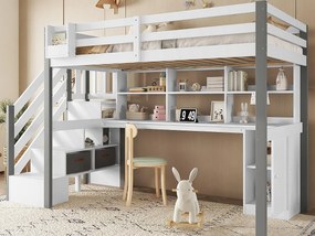 Łóżko antresolowe 90x200 cm - z biurkiem i półkami - bezpieczna drabinka 4-stopniowa - Drewno lite+MDF - Biały + Szary (bez materaca)
