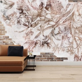 Fototapeta - Kwiatowy fresk na ceglanej ścianie (196x136 cm)