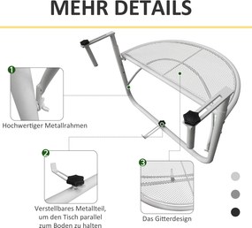 Outsunny Stół Wiszący Balkonowy Półokrągły Regulowana Wysokość Metalowy Biały Ø30cm 60x45x50cm | Aosom PL