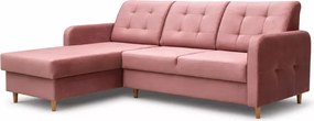 Stylowy tapicerowany narożnik Pink z funkcją spania i pojemnikiem na pościel