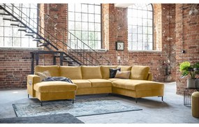 Musztardowożółta aksamitna rozkładana sofa w kształcie litery "U" Miuform Lofty Lilly, prawostronna