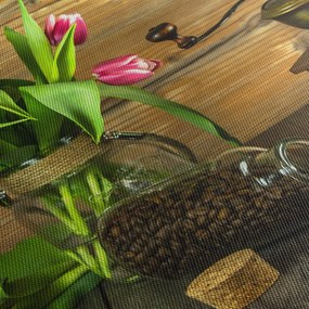 Obraz - tulipany, młynek i kawa (125x70 cm)