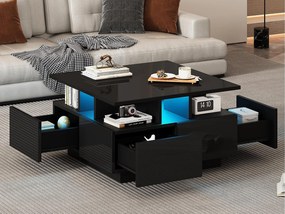 Błyszczący kwadratowy stolik kawowy 70×70×40 cm - z oświetleniem LED - 4 szuflady - czarny