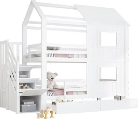 Łóżko piętrowe 90x200cm - z 2 szufladami - schody z miejscem do przechowywania - z oknami i dachem - Drewno lite + MDF - Biały (bez materaca)