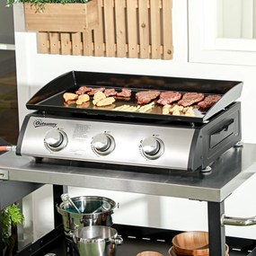 Outsunny Grill gazowy z pokrywą, 3 palniki, tłuszcz zatrzymywany w tacy, płyta z powłoką nieprzywierającą, 63x47x25 cm, Czarny/Srebrny