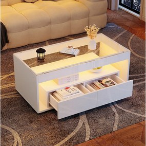 Nowoczesny stolik kawowy z diodami LED + 2 szuflady - 100 x 50 x 40 cm - stolik kawowy do salonu ze szkła błyszczącego - płyta wiórowa - biały
