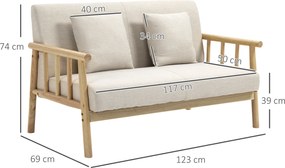 HOMCOM Sofa 2-osobowa, Tapicerka w wyglądzie lnu, Kompaktowa, do 200 kg, Rama drewniana, 123Dł x 69Szer x 74Wys cm, Beżowa