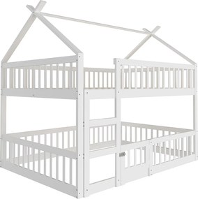 Łóżko piętrowe 140 x 200 cm - Łóżko dziecięce ze schodami i barierkami - Dolne łóżko piętrowe z drzwiami - Białe drewno