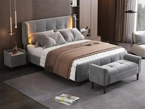 Łóżko podwójne tapicerowane welurem - 140x200 cm - z taśmą LED w 16 kolorach - regulowane wezgłowie - Szare