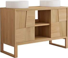 Szafka łazienkowa na nóżkach z drewna tekowego z okrągłą umywalką nablatową ceramiczną - szer.120 cm - MATARAM