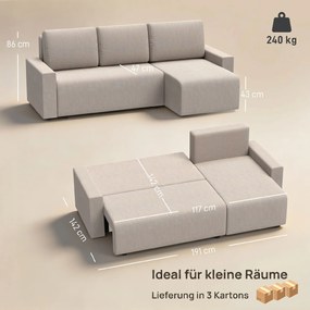 HOMCOM Narożnik z funkcją spania i odwracalnym szezlongiem, 3-osobowa sofa w kształcie L z efektem sztucznego zamszu, beżowy | Aosom PL