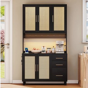 Kredens kuchenny 183 cm z oświetleniem LED, portami USB, regulowanymi półkami i 3 szufladami – czarny