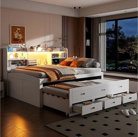 Rozkładana sofa - 140 x 200 cm + 90 x 190 cm - z diodami LED + 3 szuflady + stolik nocny + USB + Typ C - płyta wiórowa + MDF - biała