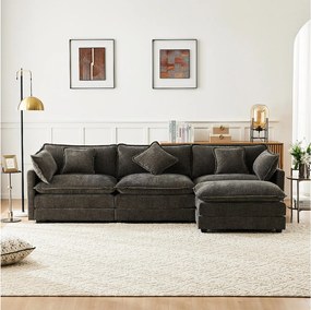Sofa narożna 3-osobowa z podnóżkiem - 283 x 147 x 84 - Tkanina szenilowa - Ciemnoszara