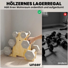 SPORTNOW Zestaw hantli 3 pary 1kg 3kg 5kg z drewnianym stojakiem, antypoślizgowy uchwyt, żeliwo, jasnoszary | Aosom PL