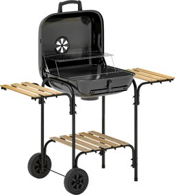 Outsunny Grill węglowy ze stali, przenośny, z zamykaną pokrywą, rusztem, kółkami i półkami, 98 x 54 x 91 cm, czarny | Aosom PL