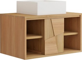 Wisząca szafka łazienkowa z drewna tekowego z ceramiczną umywalką nablatową kwadratową - szer. 80 cm - SUMBAWA