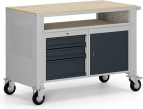 Mobilny stół warsztatowy G9, 1 półka, 1 szafka, 3 szuflady, 1180 x 595 x 865-1130 mm, szary/grafitowy