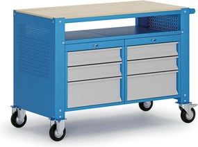 Mobilny stół warsztatowy G9, 1 półka, 6 szuflad, 1180 x 595 x 865-1130 mm, szary/niebieski